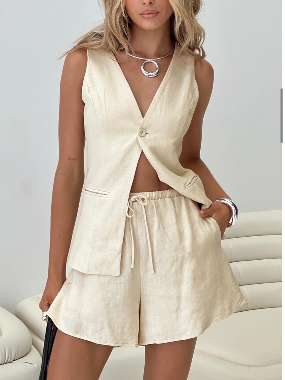 Cream Linen Two-Piece Vest & Shorts Set